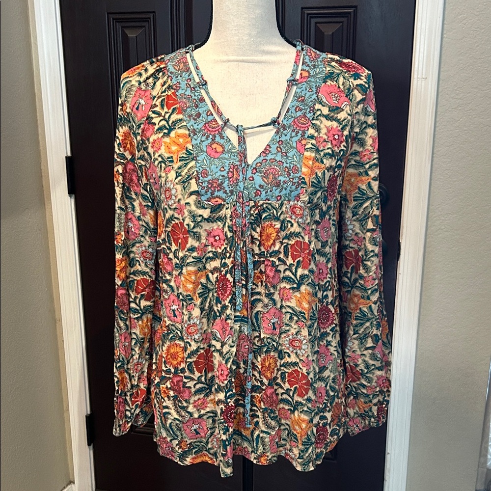 Natural Life Floral Tie Neck Long Sleeve Blouse Size Medium